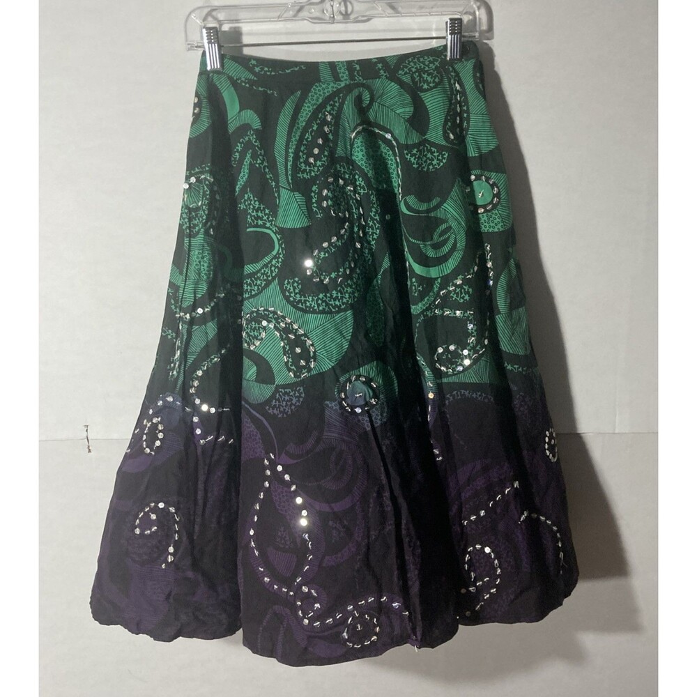 GUNIT black multicolor paisley silver sequins cotto boho midi a-line skirt S